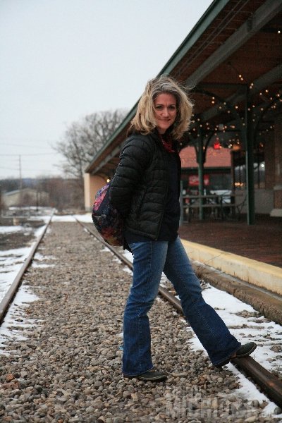 Brenda checks out the tracks outside The Filling Station