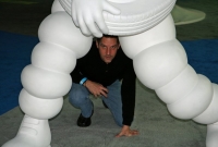 Jeff checking the Michelin man\'s satchel