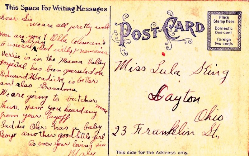 Mary King's Postcard to her sister Lula King 