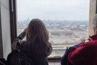 Brenda taking a peek out floor 26