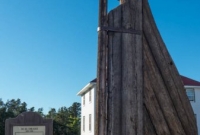 Heavy timber rudder at the Shipwreck Museum, Whitefish Point