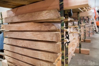 Log milled into slabs and drying