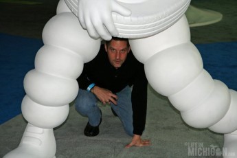 Jeff checking the Michelin man's satchel