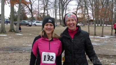 Brenda and Anne trying to stay warm before the No Frills All Thrills Trail Race