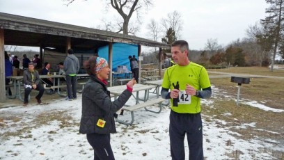 Anne and Jeff comparing notes after the No Frills All Thrills trail race