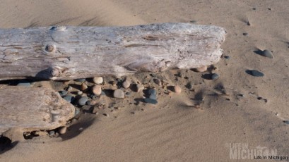 Stones and driftwood at Whitefish Point